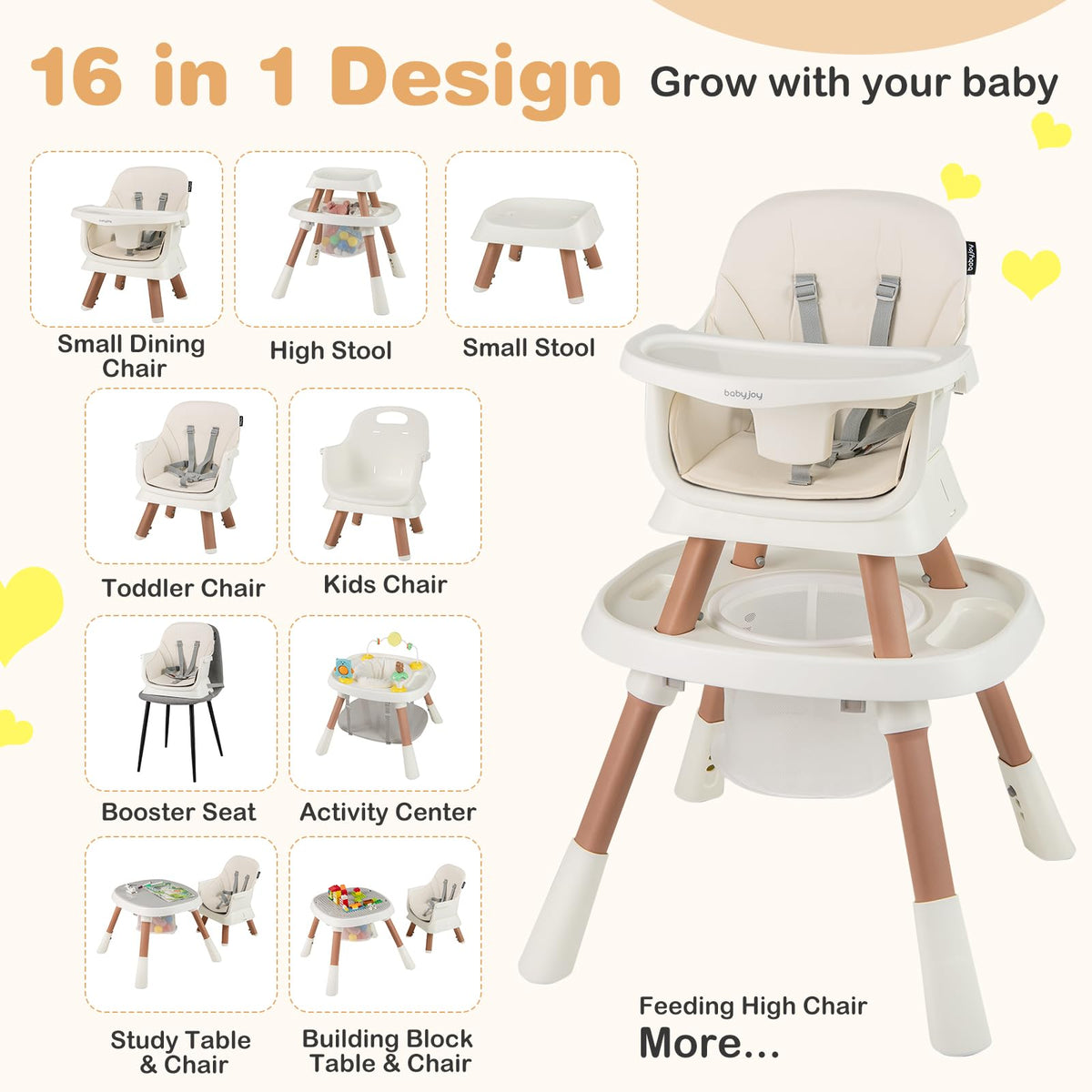16-in-1 Baby High Chair, Convertible Highchair for Babies and Toddlers