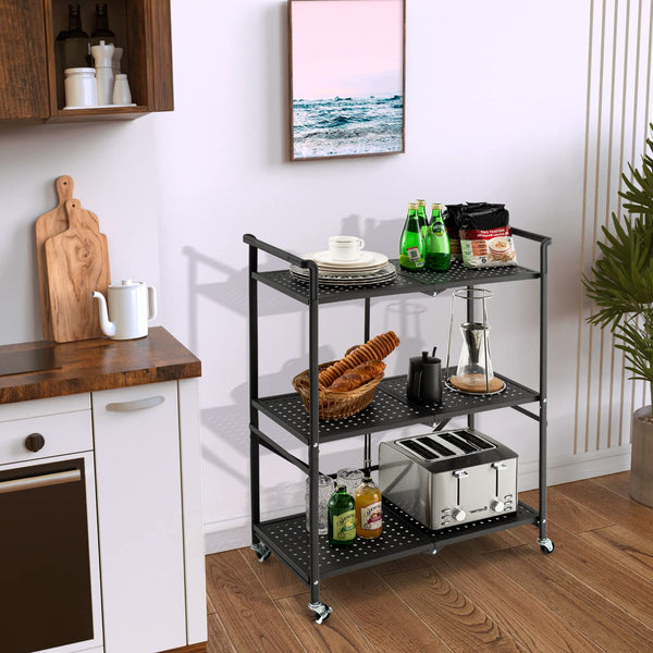 Giantex Foldable Storage Shelves on Wheels, 3-Tier Heavy-Duty Steel Rack with 2 Lockable Casters