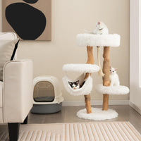 87 CM Tall Wooden Cat Tree, Solid Wood Cat Tower with Jute Scratching Posts
