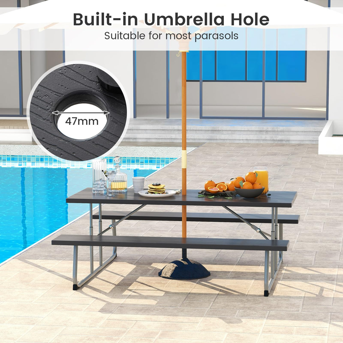 Folding Picnic Table with 2 Benches with Metal Frame and All-Weather HDPE Tabletop