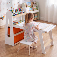Kids Sensory Art Table 2 Chairs Set with Paper Roll Blackboard and 2 Detachable Activity Basins