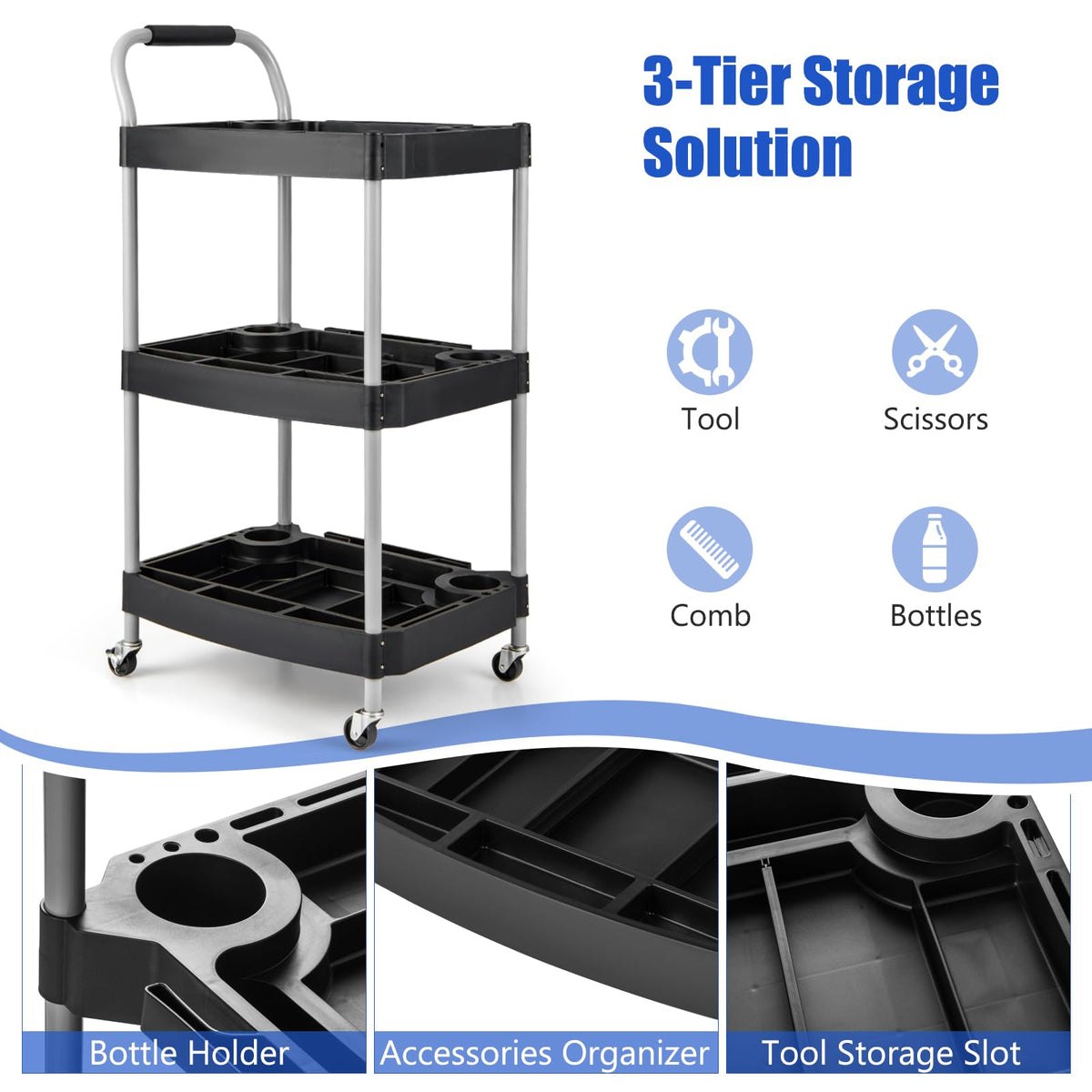 3 Tier Rolling Tool Cart, Rustproof Metal Utility Cart w/Handle