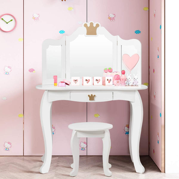 2-in-1 Kids Dressing Table & Stool Set, Toddler Wooden Vanity Table with Tri-Fold Mirror & Drawer