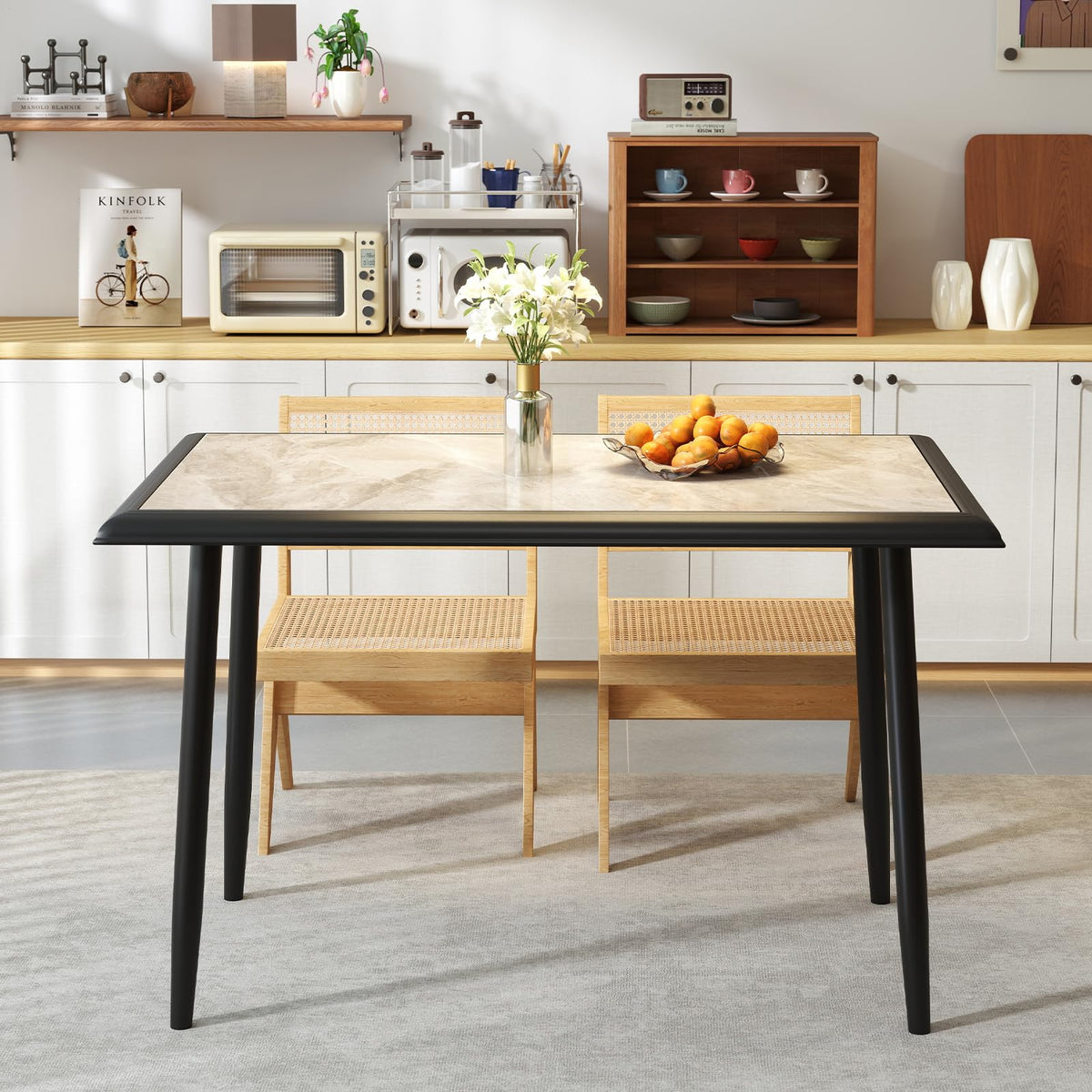 Sintered Stone Dining Table, Rectangular Kitchen Table w/Metal Frame