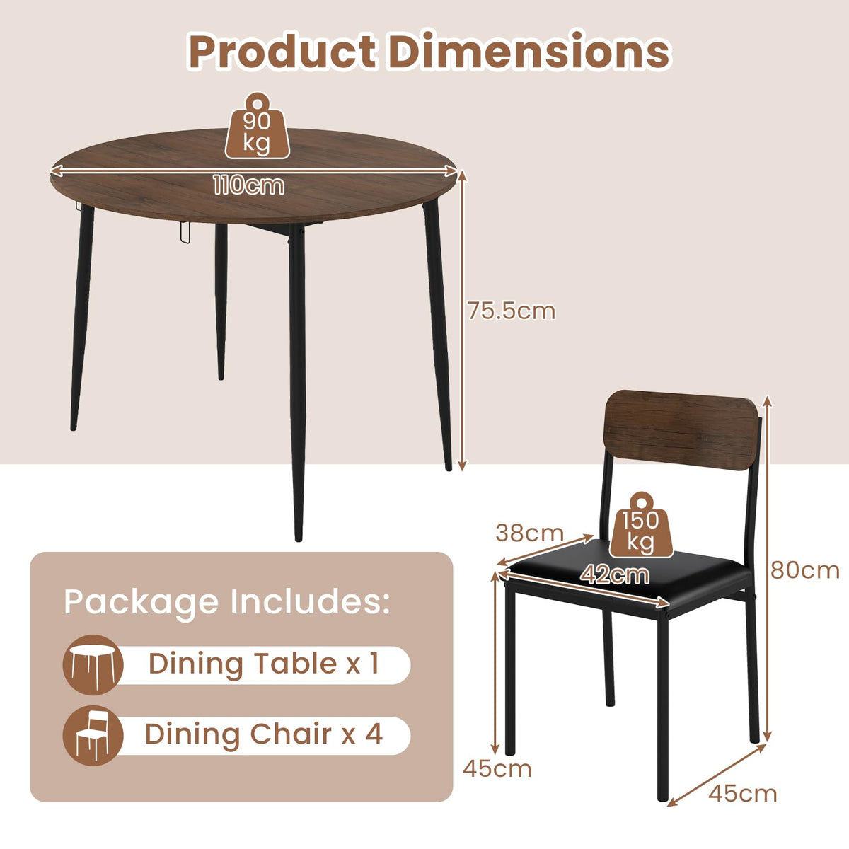 Round Kitchen Table Set w/Drop Leaf Tabletop