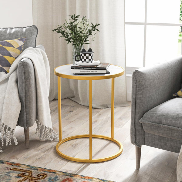 Round Side Table, 40 x 40cm End Table w/Marble Top & Golden Metal Frame