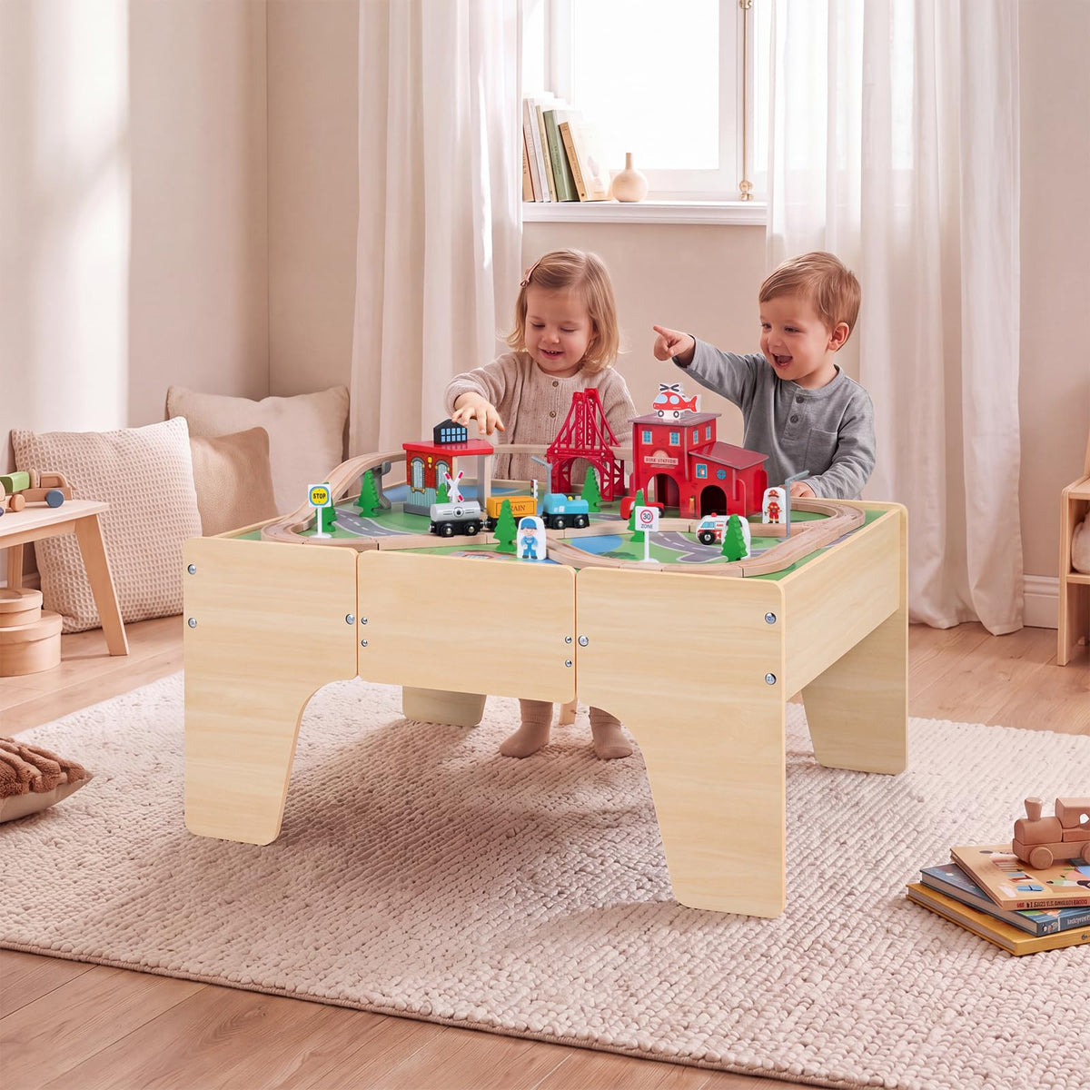 63-Piece Kids Wooden Train Table with Storage Drawer for Game Room