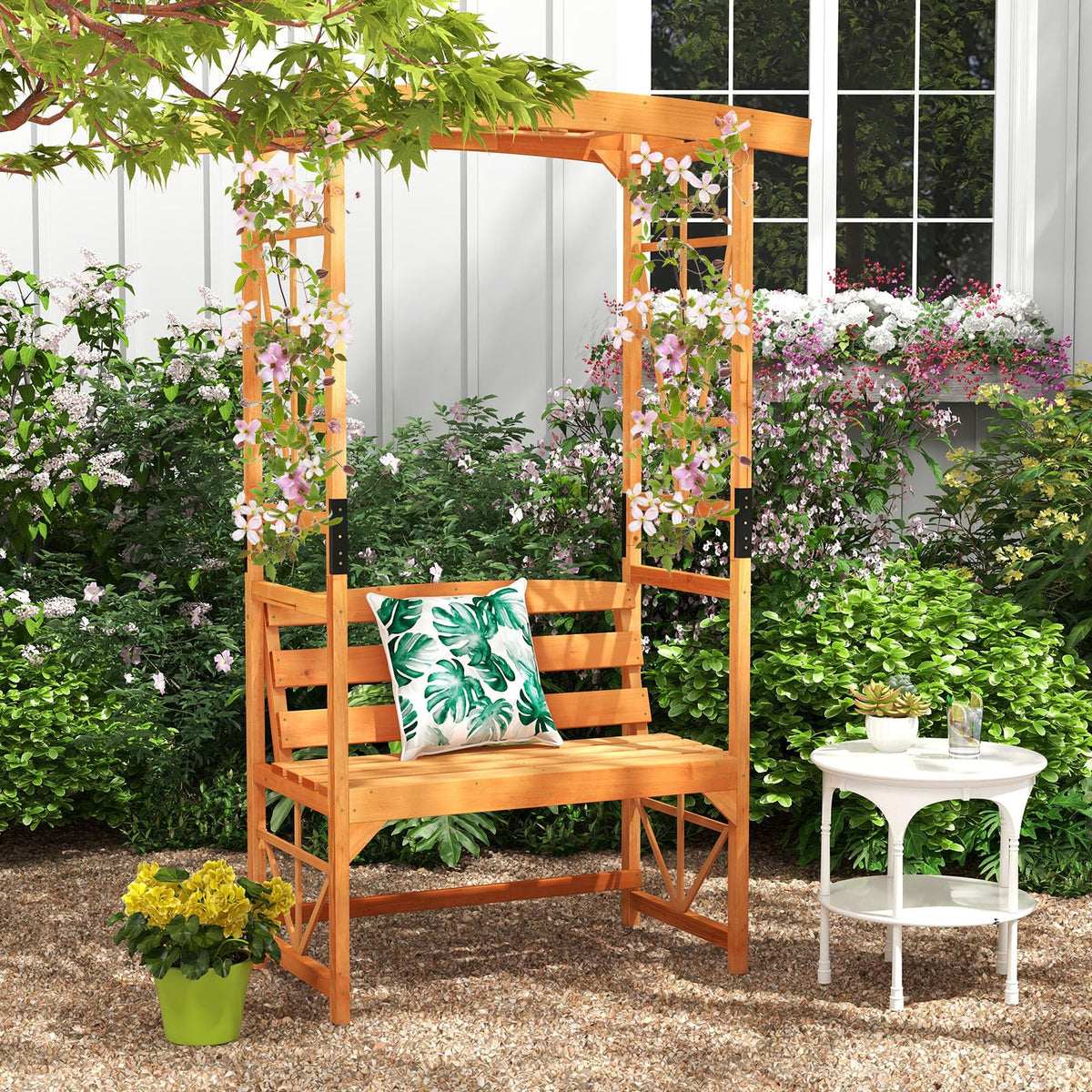 Giantex Garden Arbor with Bench - Wooden Garden Arch Trellis for Climbing Plants Vines