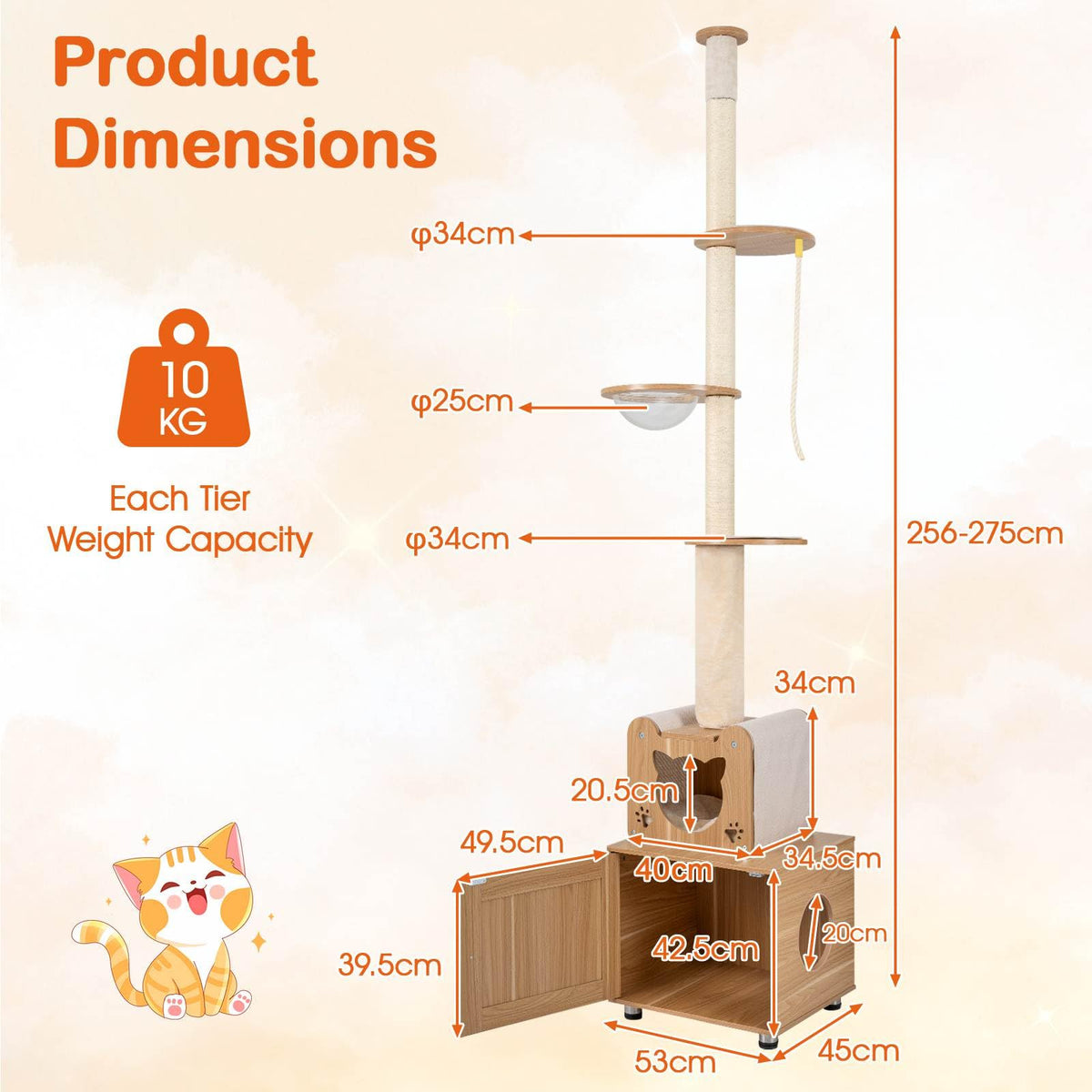 Floor to Ceiling Cat Tree for Indoor Cats, 256-275 CM Height Adjustable Tall Cat Tower