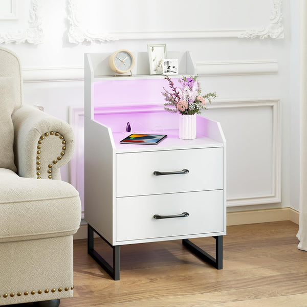 Modern Bedside Table with Built-in Charging Station and LED Lights