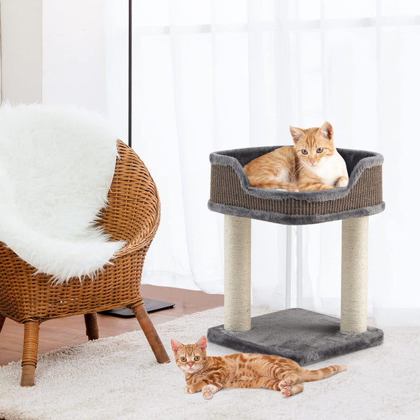 Cat Tree Tower, Compact 2-Tier Cat Activity Tree with Large Plush Top Perch Bed, Natural Sisal Wrapped Scratching Posts