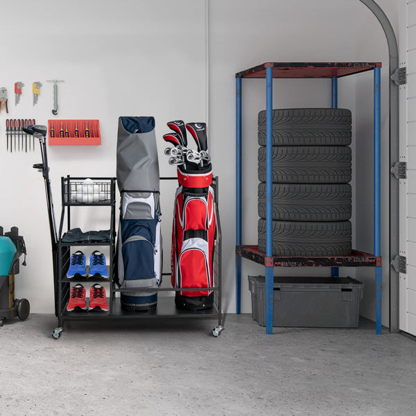 Golf Bag Storage Rack for Garage, Double Golf Bag Organizer w/Lockable Universal Wheels