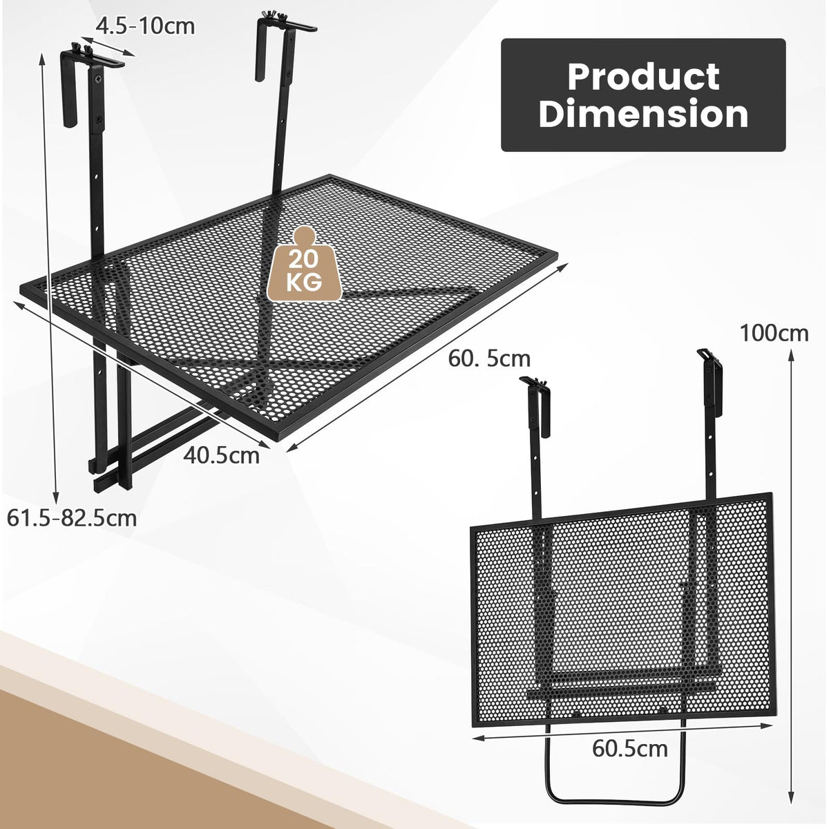 5-Level Height-Adjustable Balcony Hanging Table