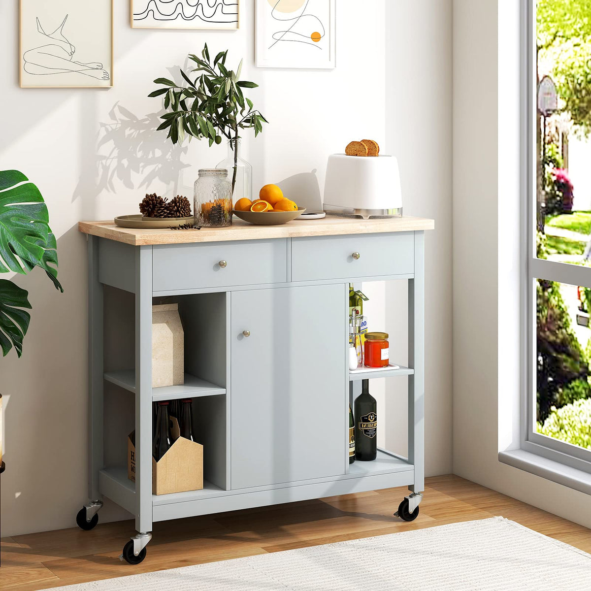 Giantex Kitchen Island on Wheels, Rolling Cart with Open Shelves, Storage Drawers & Cabinet