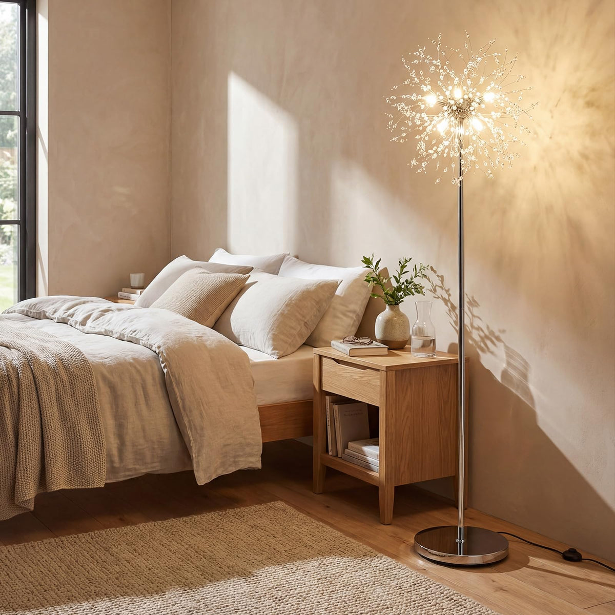 160cm Crystal Floor Lamp, Modern Freestanding Dandelion Light with Acrylic Crystals