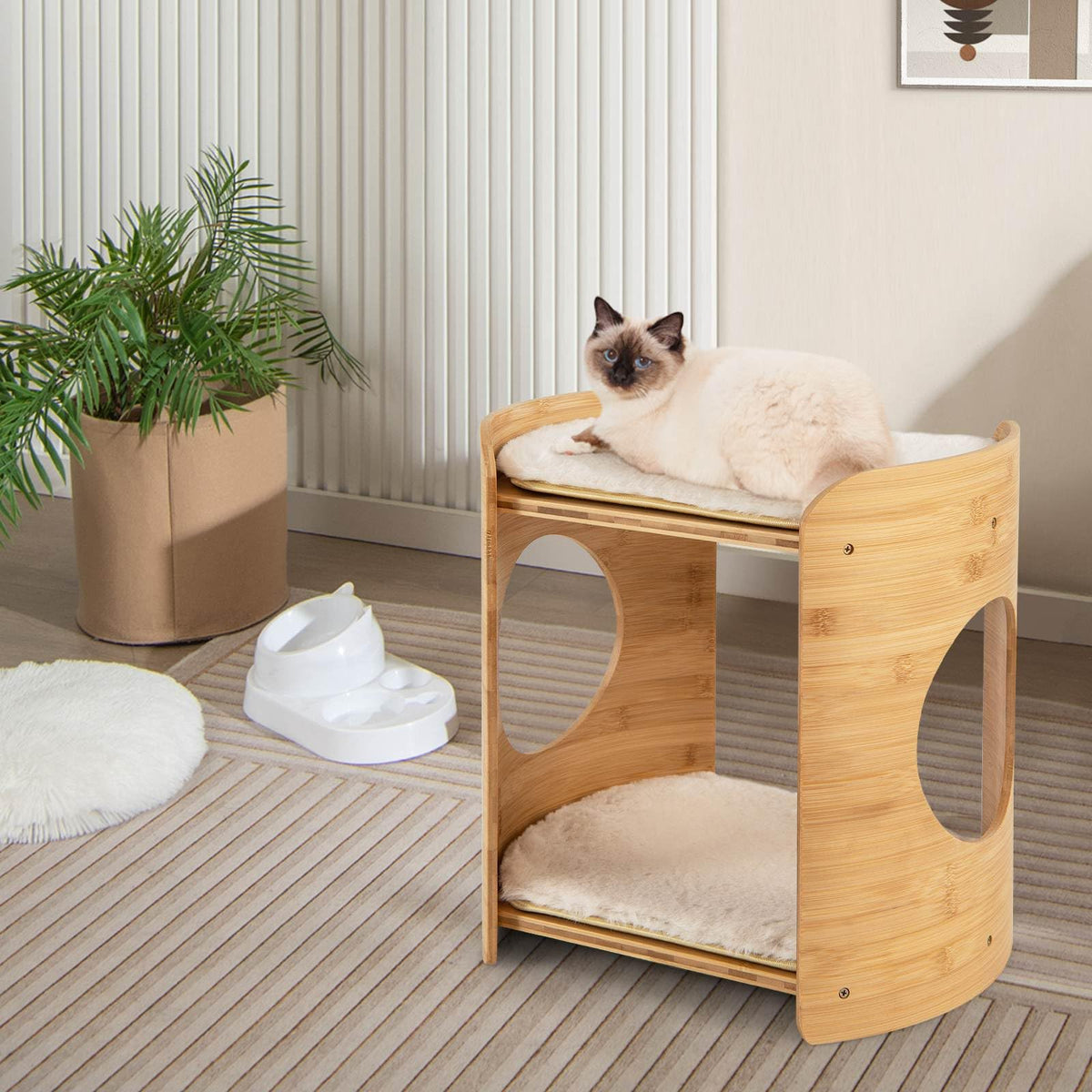 Cute Bamboo Cat Tree with Double Beds and Removable Cushions
