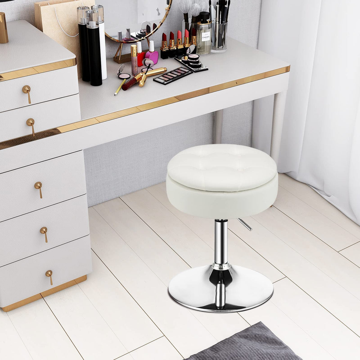 Giantex Vanity Stool with Storage, 360° Swivel PU Leather Vanity Chair, 50-66cm Height Adjustable Makeup Stool