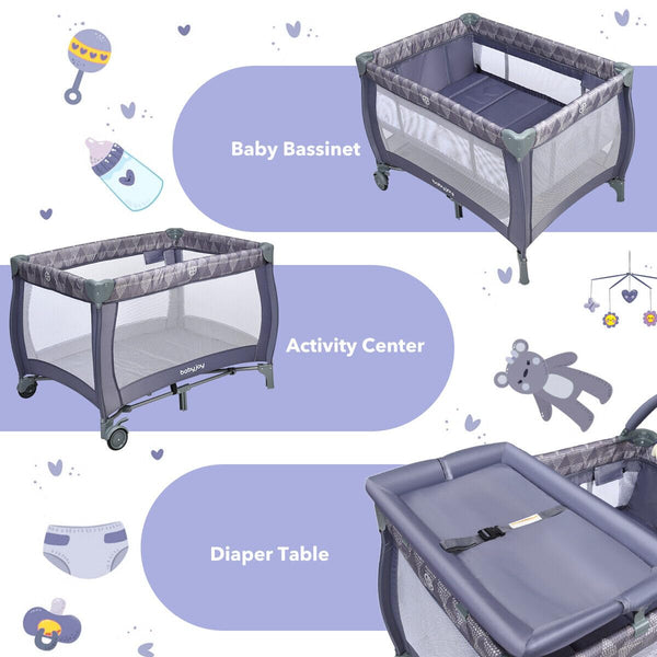 Portable Baby Bassinet, 3 in 1 Baby Travel Cot Activity Center with Changing Table