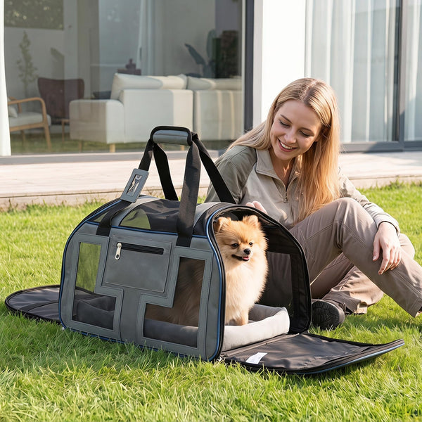 Rolling Pet Carrier with Wheels & Padded Carry Handle, Foldable Cat and Dog Carrier