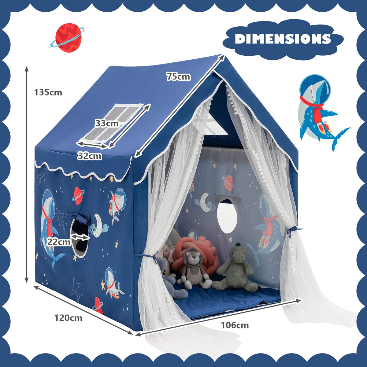 Large Kids Play Tent with Removable Padded Mat & Gauze Door Curtain