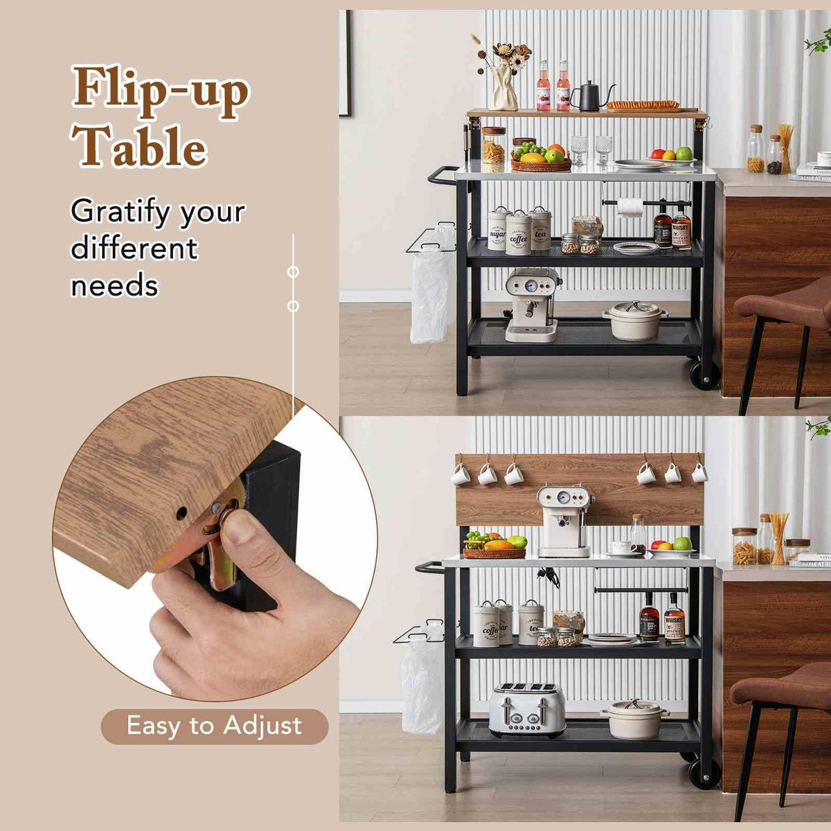 Rolling Bar Cart with Flip-up Table and Foldable Handle for Kitchen