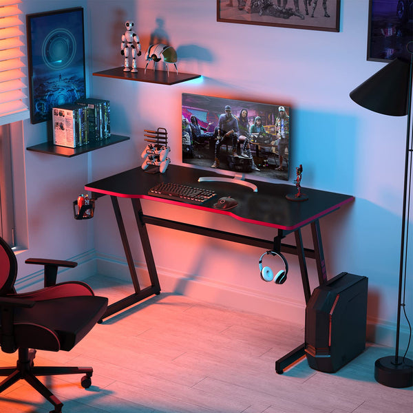 Giantex Z Shaped Gaming Desk, Ergonomic Gaming Table w/Cup Holder, Adjustable Headphone Hook