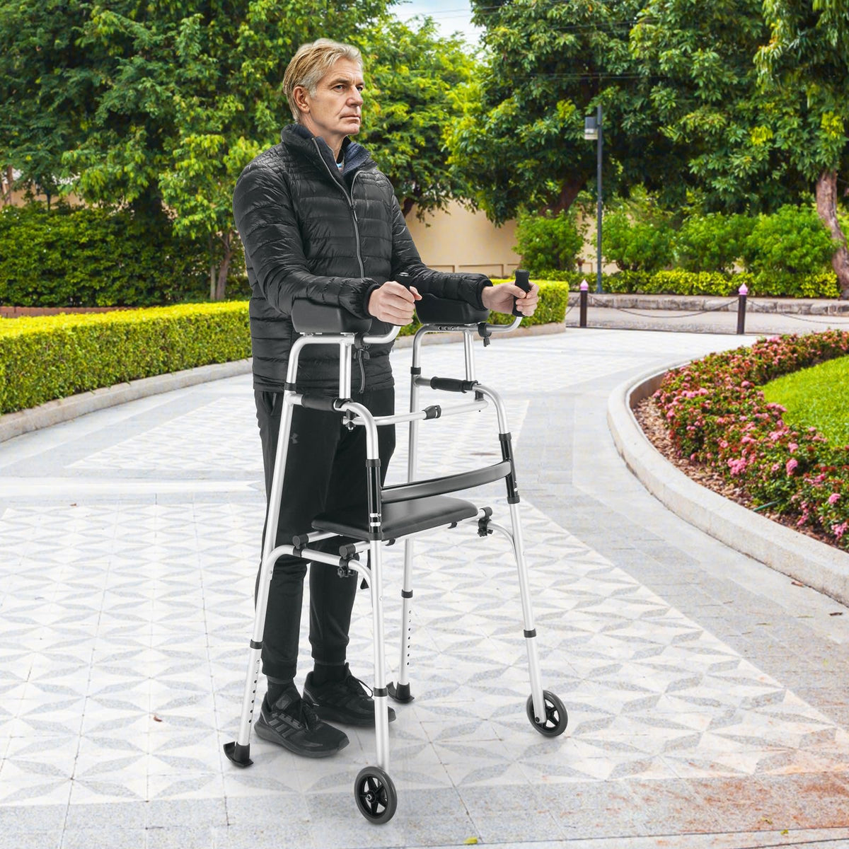 Folding Upright Walker with Seat Wheels and Removable Arm Support