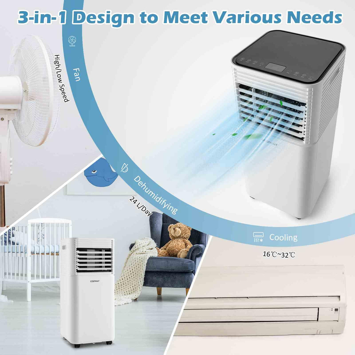 9000 BTU 3-in-1 Portable Air Conditioner with Fan and Dehumidifier Mode