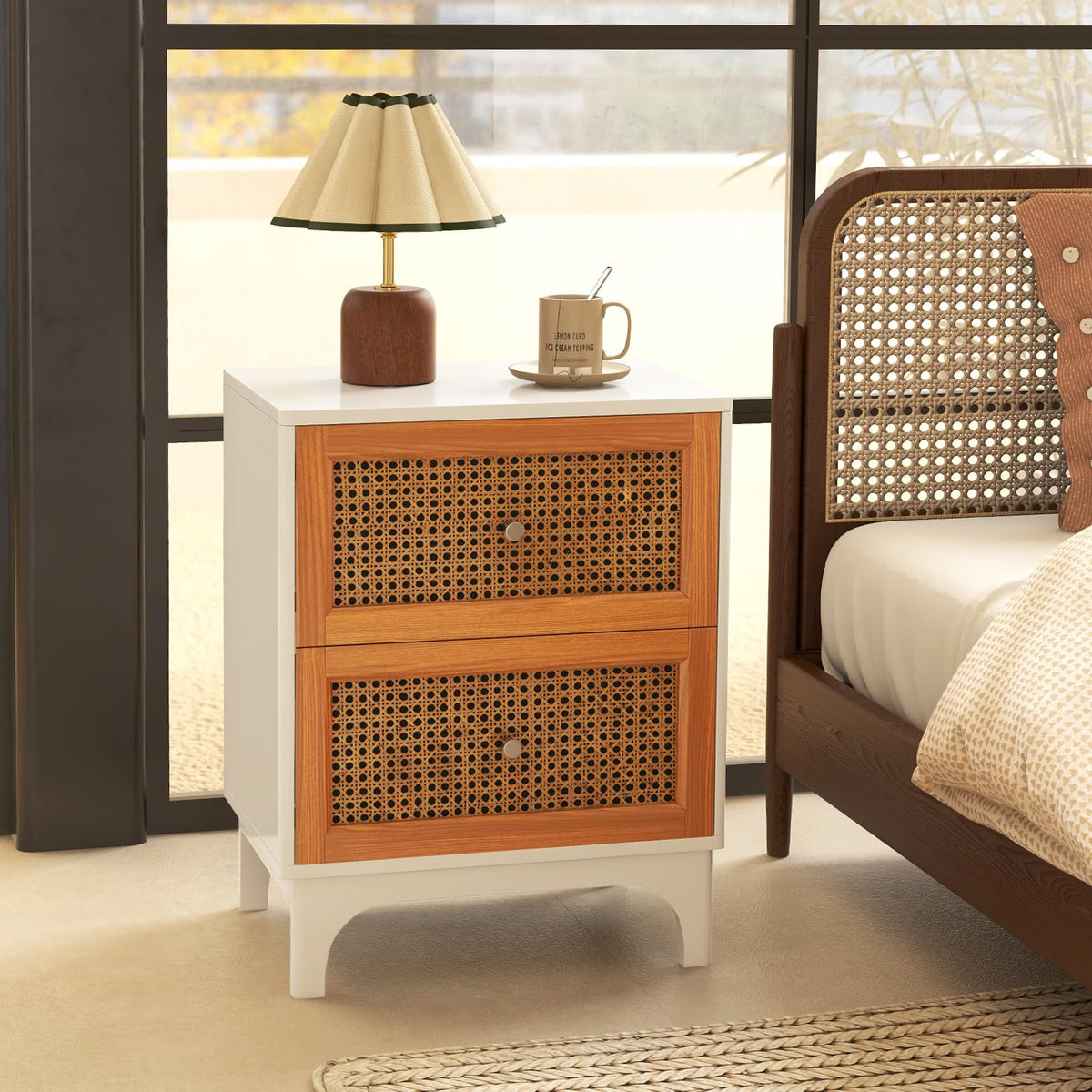 Giantex Rattan Nightstand, Boho Accent Table with 2 Handwoven Rattan Decorated Drawers