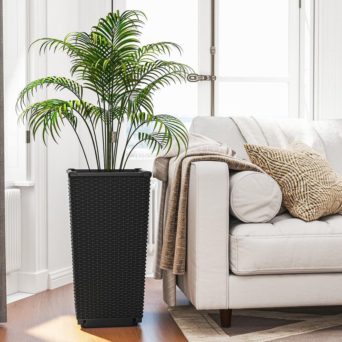 Tall Wicker Planter Box Set of 2 with Water Storage Plate