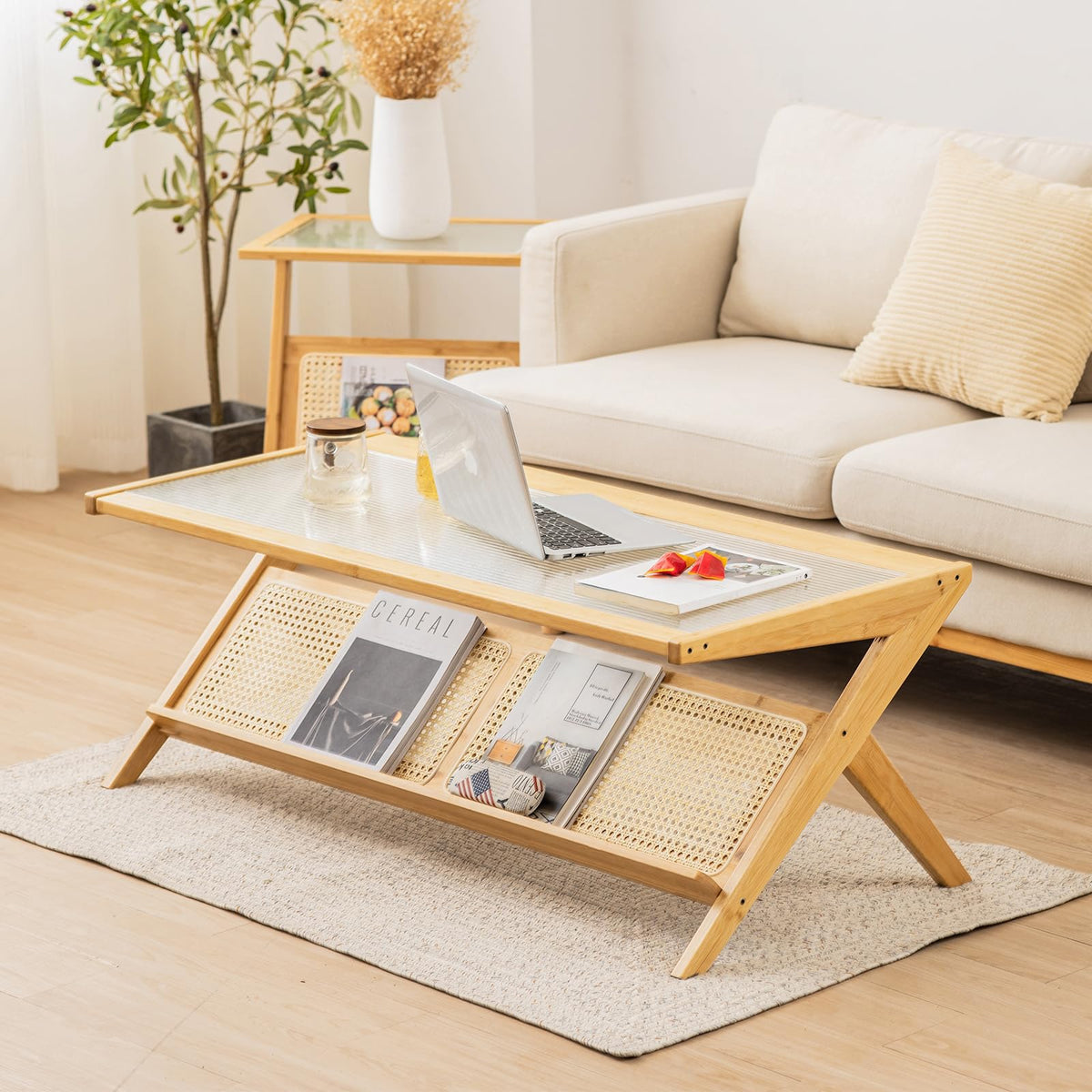 Giantex Bamboo Coffee Table, 120cm 2-Tier Rectangular Coffee Table