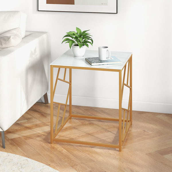 Giantex Square End Table, Modern Side Table with Tempered Glass Tabletop & Gold Finish Geometric Frame