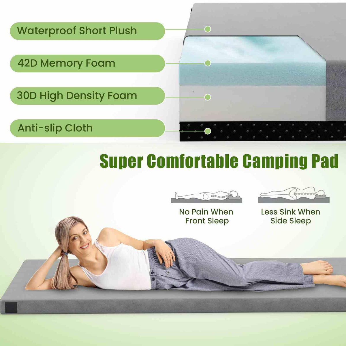 Foldable Camping Mattress, Indoor Outdoor Sleeping Mat w/High Density Foam Cushion & Anti-Slip Bottom