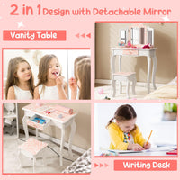 Kids Vanity Set with Tri-folding Mirror, Drawer and Stool