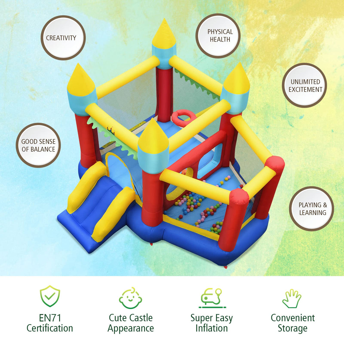 Inflatable Bounce House, Inflatable Jumping Castle for Kids w/Slide, Large Jumping Area, 100 Ocean Balls (Without Blower)