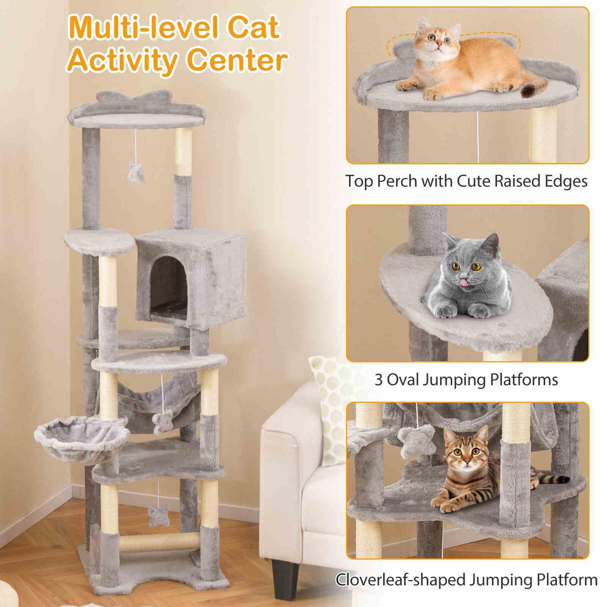 176 cm Tall Cat Tree Indoor Cat Tower Pet Furniture with Sisal Scratching Posts