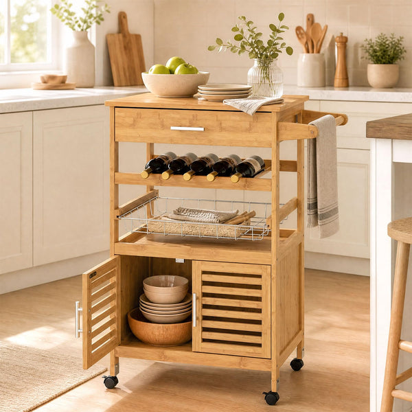 Giantex Bamboo Rolling Kitchen Island Trolley with Storage Cabinet
