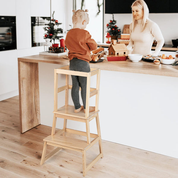 2-in-1 Wooden Kids Kitchen Step Stool with Safety Rails