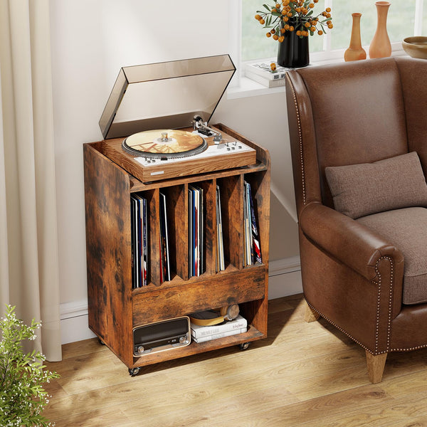 Rolling Turntable Stand with 5 Compartments and Drawer & Open Shelf for Living Room