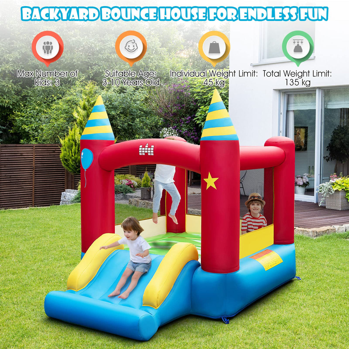 Inflatable Bounce House, Kids Bouncy Castle with Large Jumping Area & Extra Wide Slide