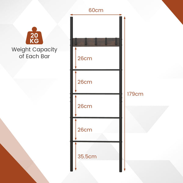 Giantex Wall Leaning Blanket Ladder, 5-Tier Ladder Shelf with 5 Removable Hooks