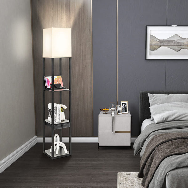 Modern Shelf Floor Lamp, Dimmable Standing Lamp Shelf w/ 1 Drawer & 1 USB Port