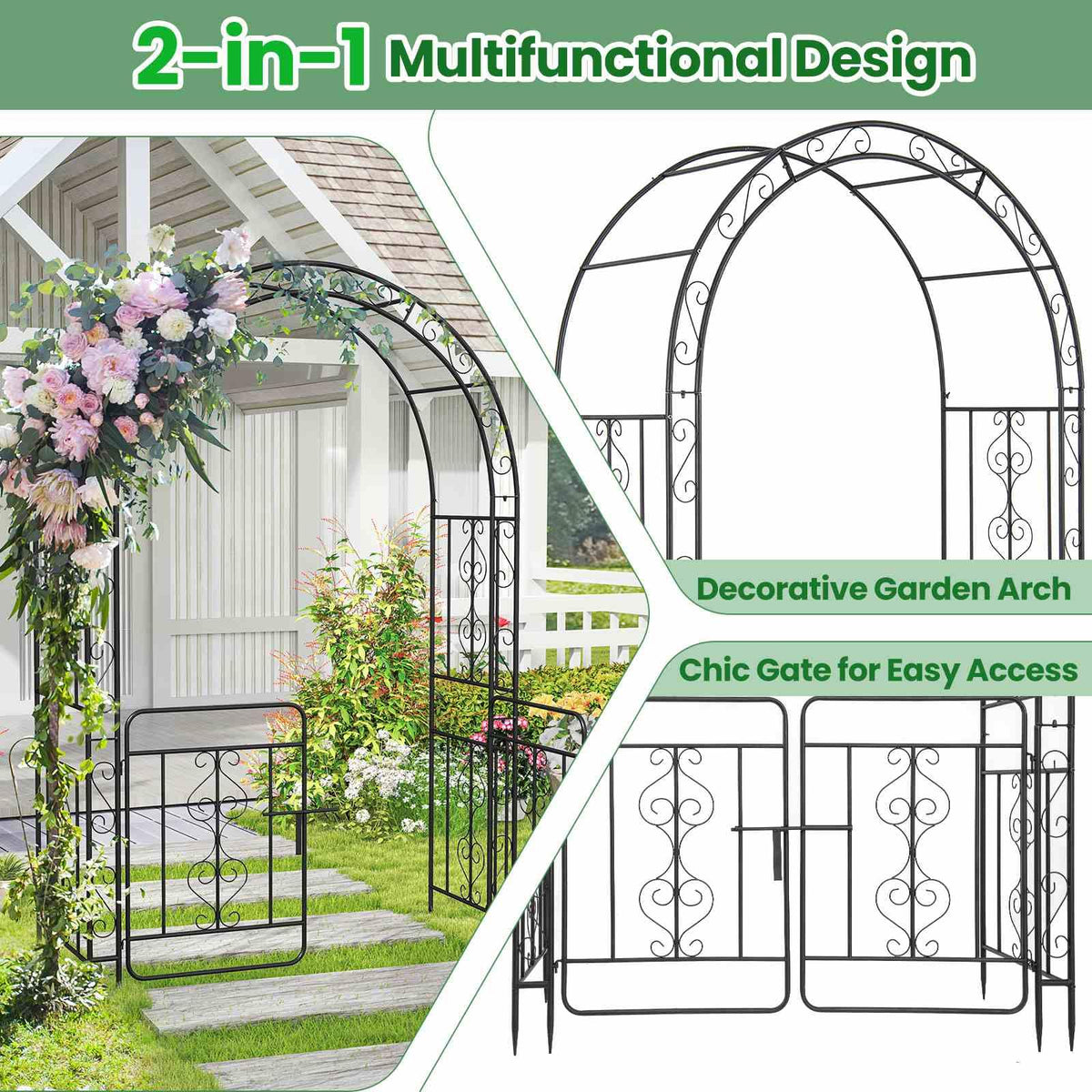 Garden Arbor with Gate, Garden Trellis Pergola w/Multiple Side Crossbars for Decoration