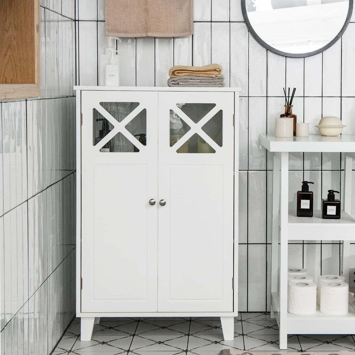 Giantex Bathroom Floor Cabinet, Floor Storage Cabinet with Adjustable Shelf, Visible Windows, 2 Doors, 1 Stationary Shelf White