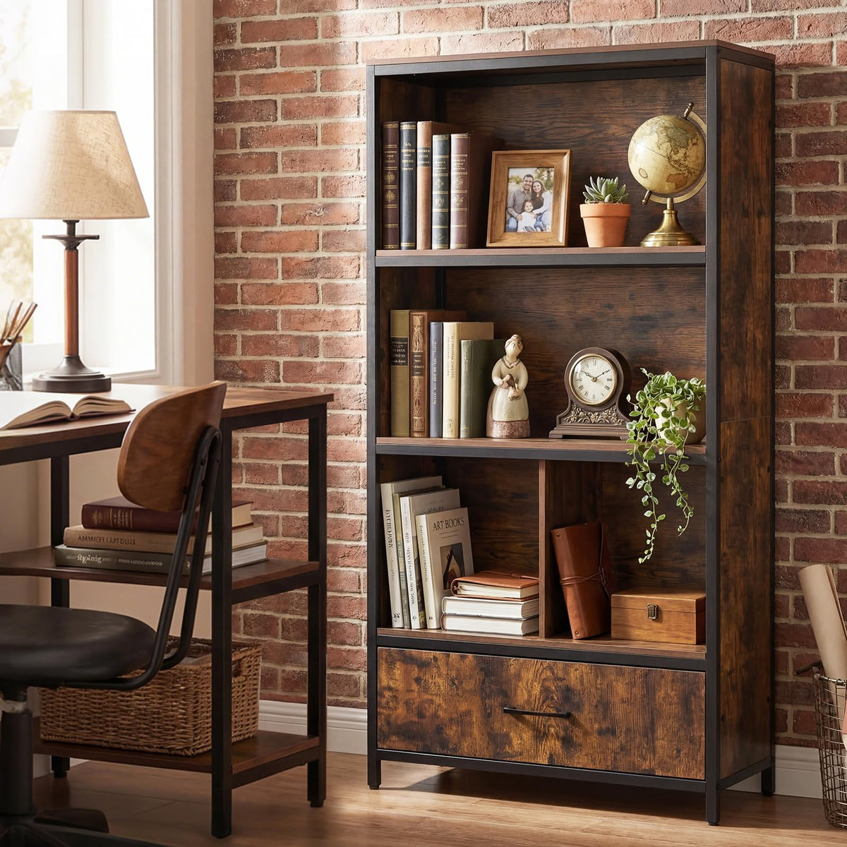 Industrial Freestanding Bookcase with 4 Storage Compartments and Large Fabric Drawer for Study