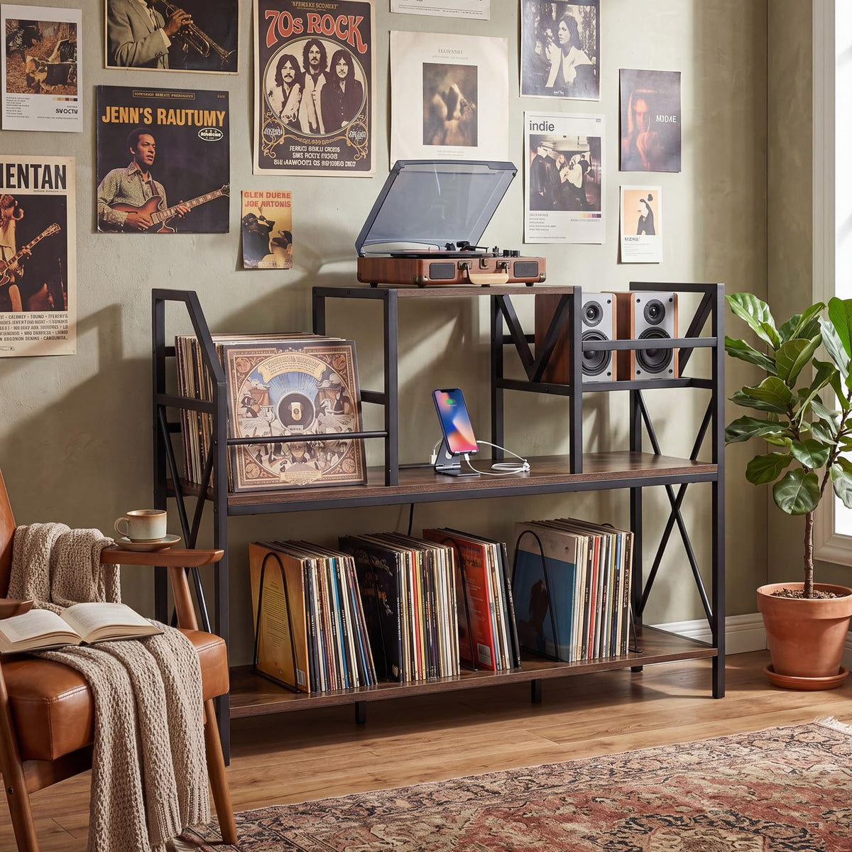 Record Player Stand with Vinyl Storage and Power Outlets for Albums