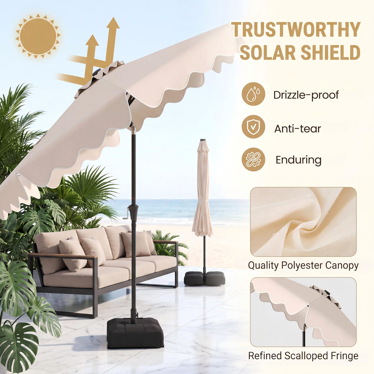 3M Sun Protective Umbrella with Weighted Base and Solar Lights for Deck