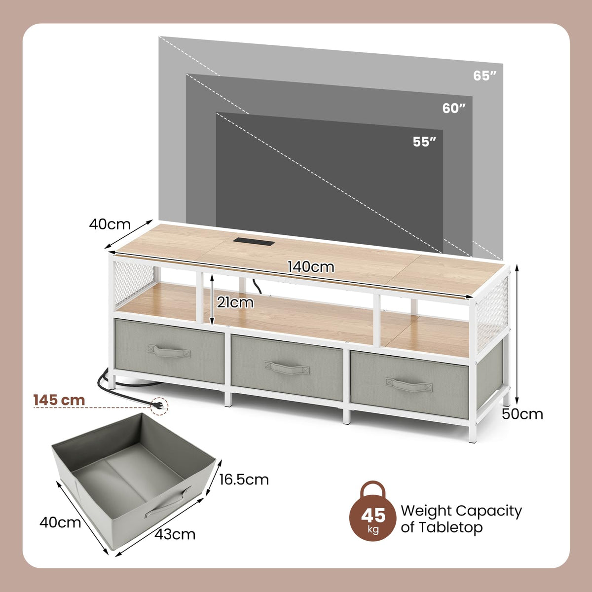 3-Tier Media Entertain Center with Power Outlets USB Charging