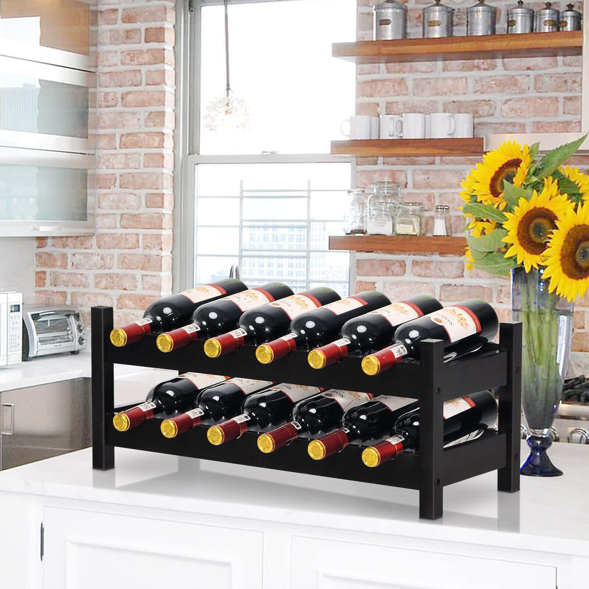 Giantex 2-Tier Wine Rack, Bamboo Wine Display Storage Shelf w/ Arc Design, Coffee