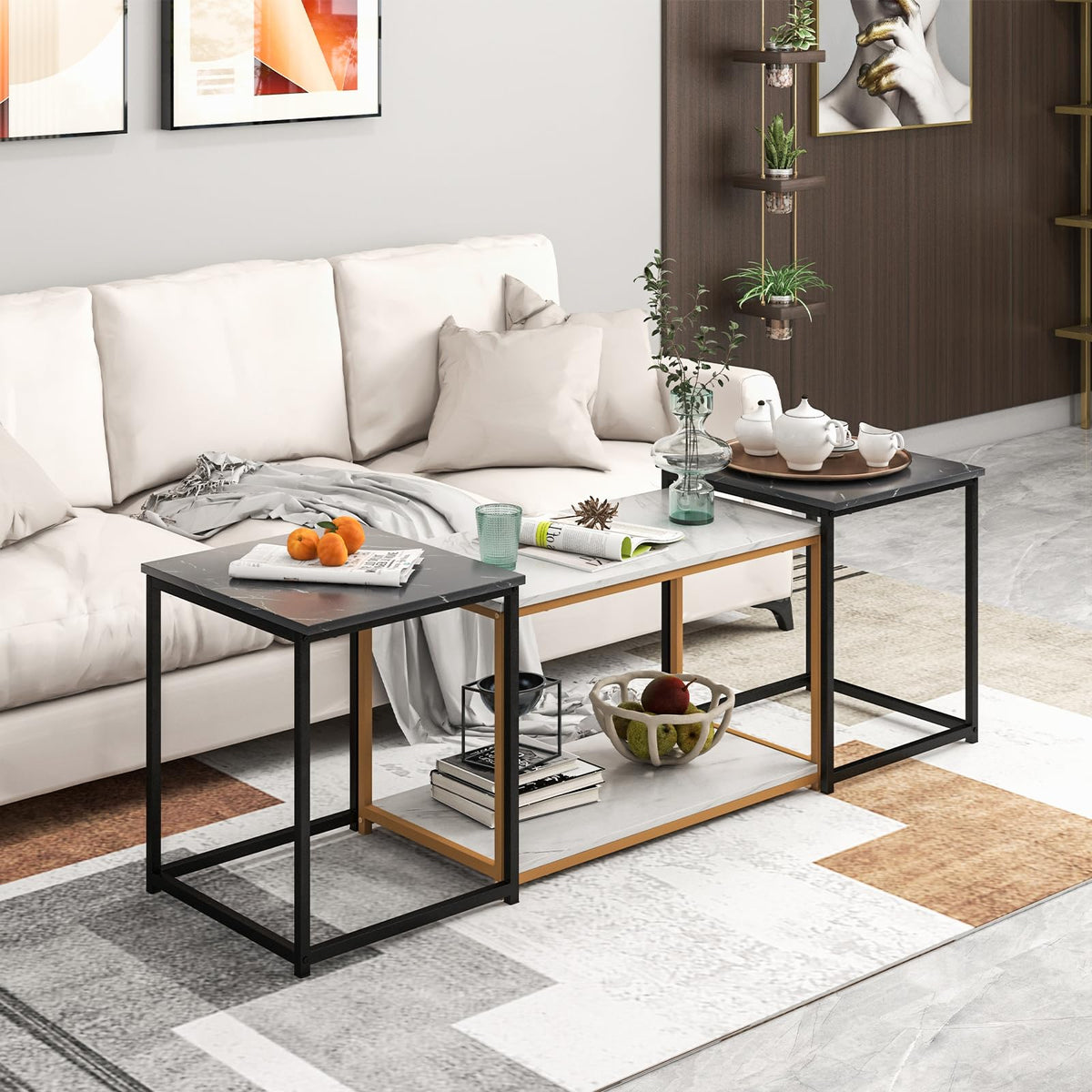 Giantex Nesting Coffee Table Set of 3, 3-Piece End Table with Faux Marble Top